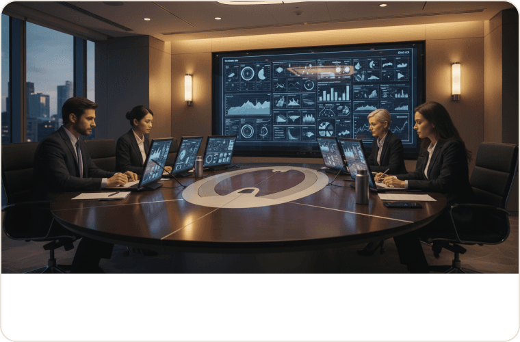 Assessors reviewing candidate data on screens around a conference table