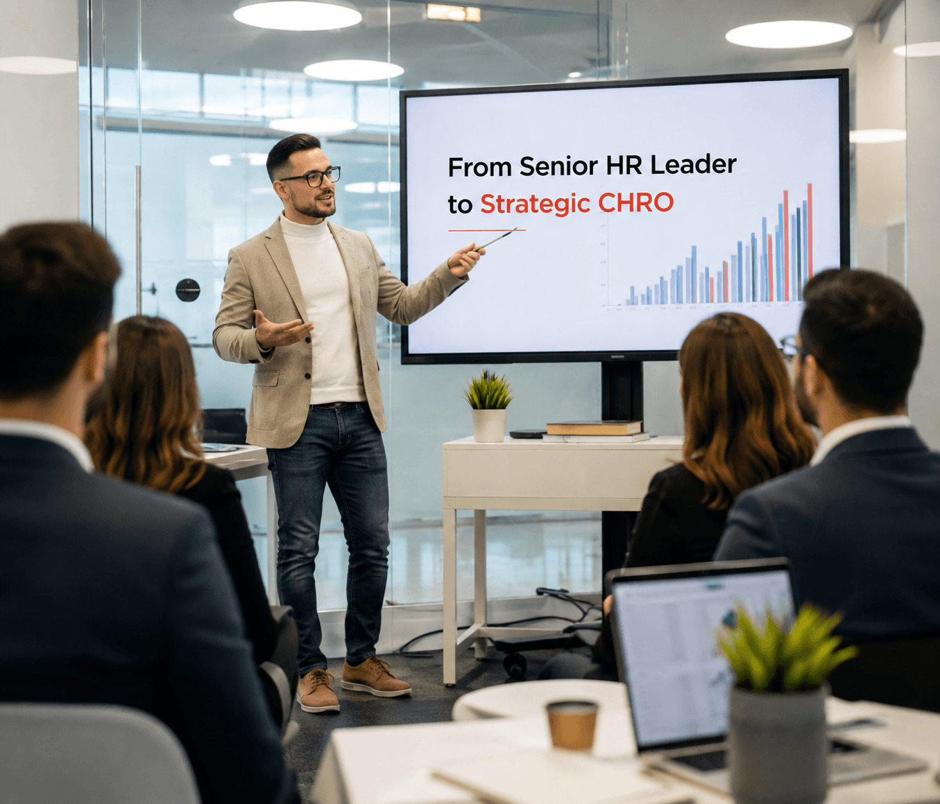 A presenter showing a 'From Senior HR Leader to Strategic CHRO' slide to colleagues